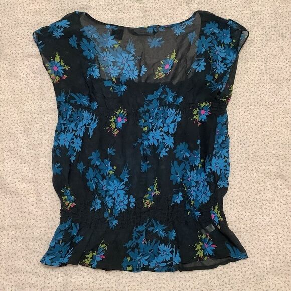 Express Vintage Silk Whimsigoth Black Floral Sheer Fairy Milkmaid Blouse 13/14 - Picture 8 of 13